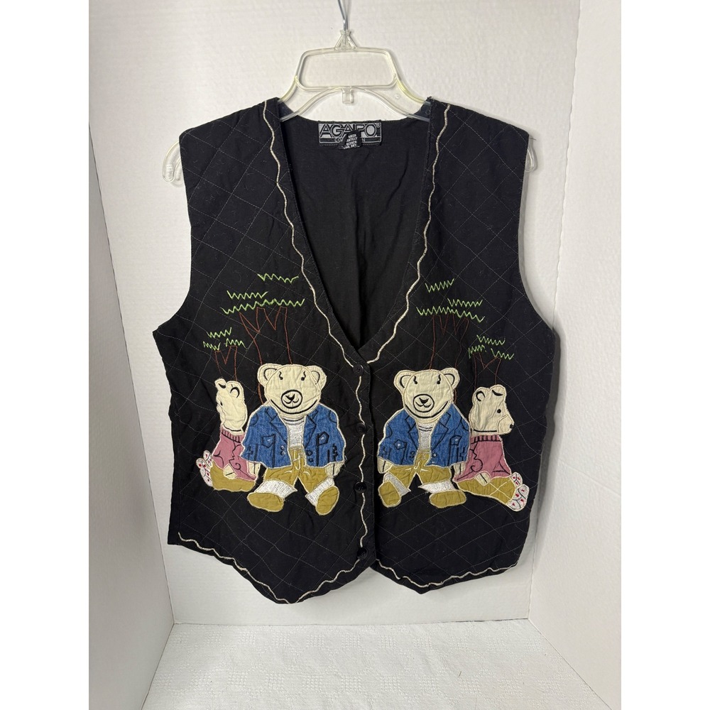 AGAPO Collection Black Quilted Teddy Bear Embroidered Vest Women's 1X